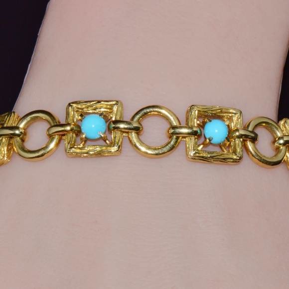 VINTAGE MID-CENTURY SOLID 18K GOLD & NATURAL PERSIAN TURQUOISE BRACELET - Picture 11 of 13